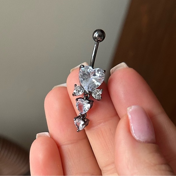 CZ stainless steel multi-heart dangle gunmetal belly ring - Picture 6 of 6